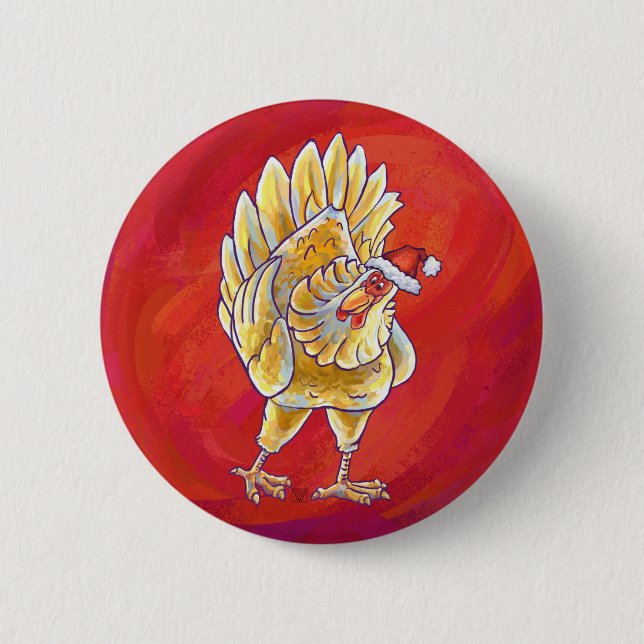 Macaron Rond 5 Cm Noël Du Poulet Sur Rouge (Devant)