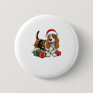 Macaron Rond 5 Cm Noël Éclairage Santa Hat Basset Hound Chien Noël