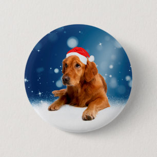 Macaron Rond 5 Cm Noël Mignonne Golden Retriever Chien Santa Hat Nei
