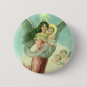 Macaron Rond 5 Cm Noël vintage, ange victorien avec l'enfant Jésus