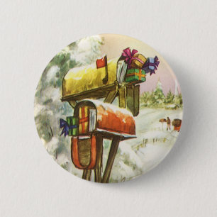 Macaron Rond 5 Cm Noël Vintage, boîtes aux lettres dans le paysage h