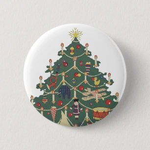 Macaron Rond 5 Cm Noël vintage Enfants autour d'un arbre décoré