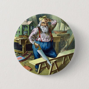 Macaron Rond 5 Cm Noël vintage, le Père Noël construisant des jouets