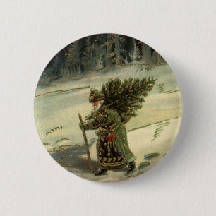 Macaron Rond 5 Cm Noël vintage, le Père Noël porte un arbre