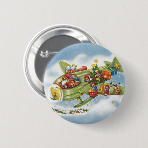 Macaron Rond 5 Cm Noël vintage, le Père Noël vole un avion