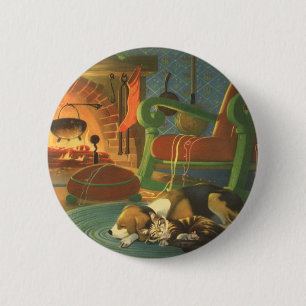 Macaron Rond 5 Cm Noël Vintage, Les animaux dormant par cheminée