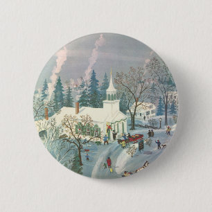 Macaron Rond 5 Cm Noël vintage, Les gens vont à l'église en neige