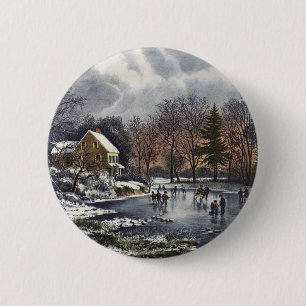 Macaron Rond 5 Cm Noël Vintage, Patins d'hiver précoce sur l'étang