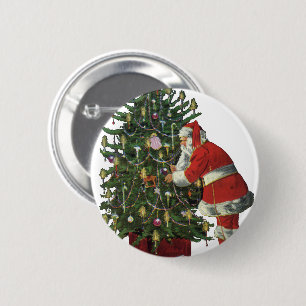 Macaron Rond 5 Cm Noël vintage, Père Noël avec présents