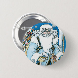 Macaron Rond 5 Cm Noël Vintage, Père Noël Bleu avec Snowglobe