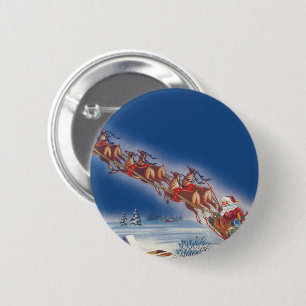 Macaron Rond 5 Cm Noël Vintage, Père Noël en traîneau volant avec re