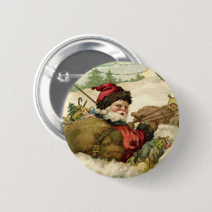 Macaron Rond 5 Cm Noël vintage, Père Noël victorien dans un traîneau