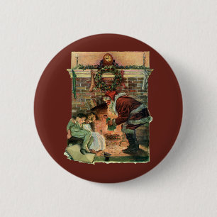 Macaron Rond 5 Cm Noël Vintage, Père Noël Victorien Enfants