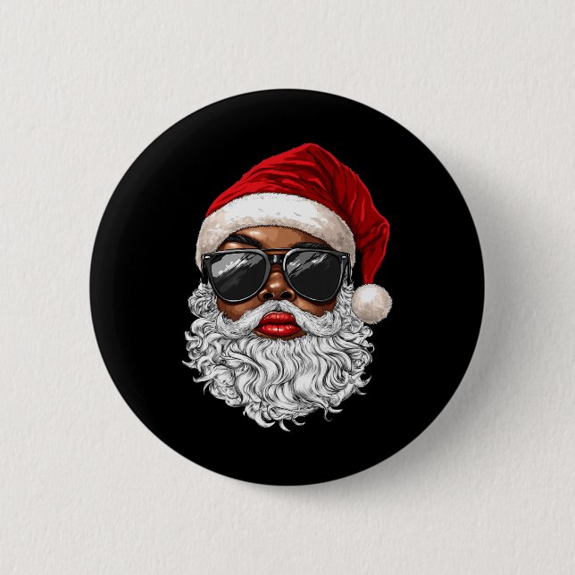 Macaron Rond 5 Cm Noir-Africain Père Noël Face à Noël Joyeux (Devant)