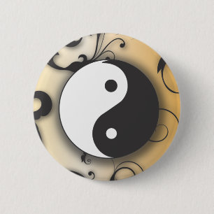 Macaron Rond 5 Cm Noir avec bronze Yin & Yang avec des parchemins
