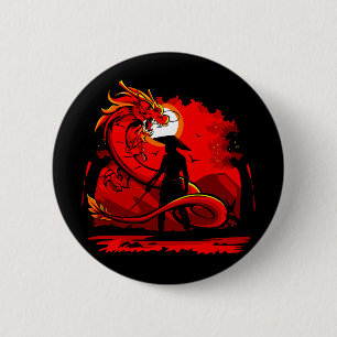 Macaron Rond 5 Cm Noir Samurai Dragon Rouge Style japonais  