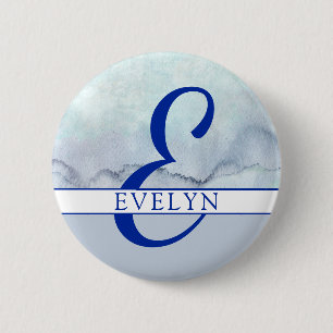 Macaron Rond 5 Cm Nom   Aquarelle bleu monogramme