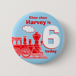 Macaron Rond 5 Cm Nom d'anniversaire du train rouge et bouton d'âge