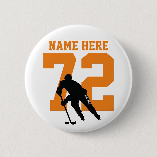 Macaron Rond 5 Cm Nom de joueur de hockey personnalisé numéro orange (Devant)