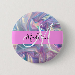 Macaron Rond 5 Cm Nom de monogramme holographique iridescent rose fé