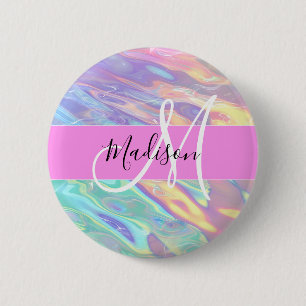 Macaron Rond 5 Cm Nom de monogramme holographique iridescent rose fé