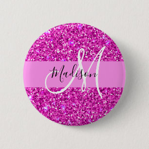 Macaron Rond 5 Cm Nom de monogramme scintillant de paillettes rose e