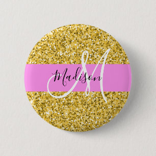 Macaron Rond 5 Cm Nom de monogramme scintillant de paillettes roses