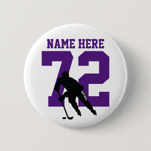 Macaron Rond 5 Cm Nom du joueur de hockey personnalisé Numéro violet