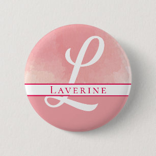 Macaron Rond 5 Cm Nom du monogramme Aquarelle rose