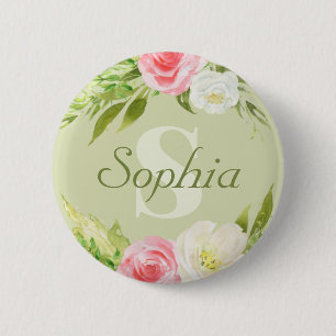 Macaron Rond 5 Cm Nom du monogramme Aquarelle rose verte Florale