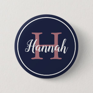 Macaron Rond 5 Cm Nom du monogramme minimaliste de script bleu et ro