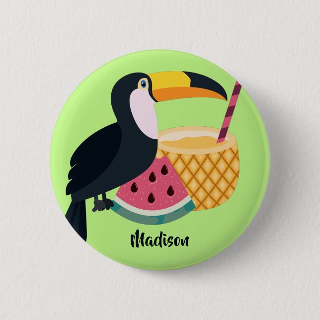 Macaron Rond 5 Cm Nom et couleur personnalisés Illustration Toucan (Devant)