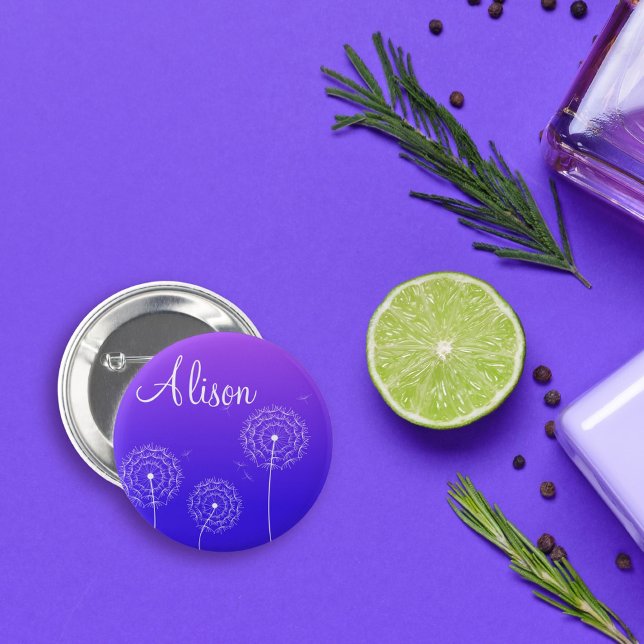 Macaron Rond 5 Cm Nom Fleurs de Pissenlit Blanc Violet Minimaliste (Créateur téléchargé)