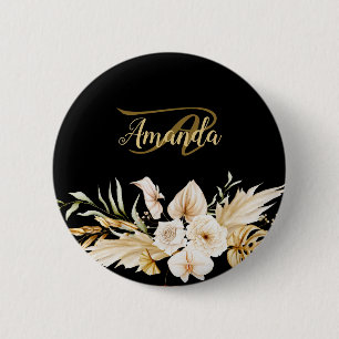 Macaron Rond 5 Cm Nom Floral Monogramme Doré Noir Élégant Moderne