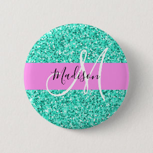 Macaron Rond 5 Cm Nom Monogramme Paillettes Rose et Aqua Glamour