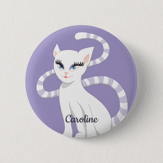 Macaron Rond 5 Cm Nom personnalisé Beau dessin mignon chat blanc (Devant)