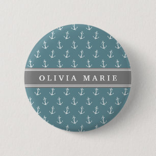 Macaron Rond 5 Cm Nom personnalisé Motif Ancre bleu