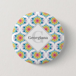 Macaron Rond 5 Cm Nom personnalisé Rainbow Floral Mandala Retro Ogee