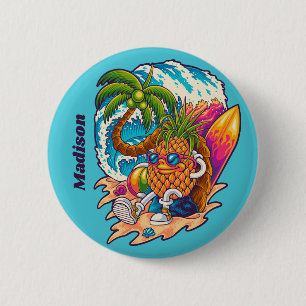 Macaron Rond 5 Cm Nom personnalisé Surfing Pineapple