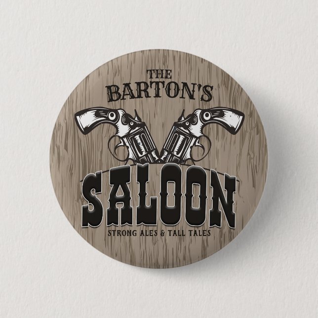 Macaron Rond 5 Cm NOM PERSONNALISÉ Wild West Gun Revolver Saloon (Devant)