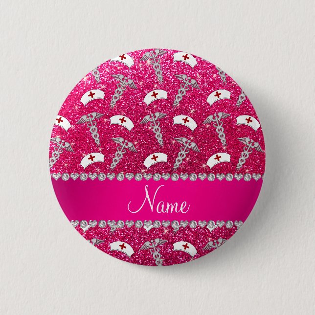 Macaron Rond 5 Cm Nom rose rose parties scintillant infirmière casqu (Devant)