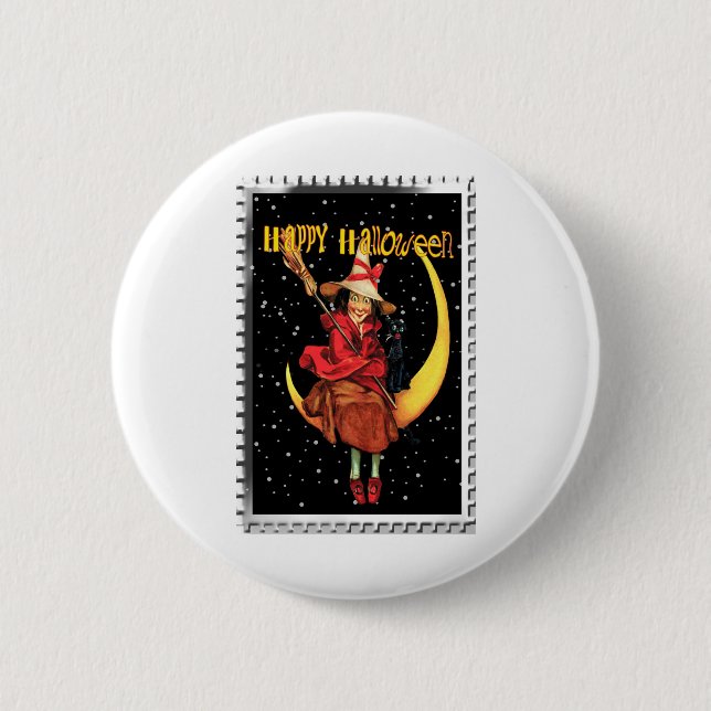 Macaron Rond 5 Cm Nostalgale Halloween Bonne sorcière et son chat (Devant)
