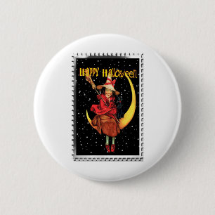 Macaron Rond 5 Cm Nostalgale Halloween Bonne sorcière et son chat