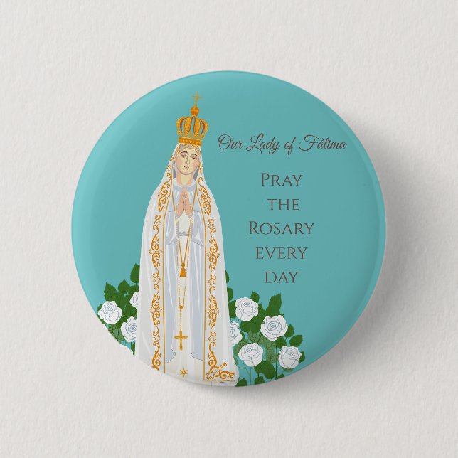 Macaron Rond 5 Cm Notre-Dame de Fatima et roses blanches (Devant)