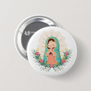 Macaron Rond 5 Cm Notre-Dame de Guadalupe avec des fleurs Style Kawa