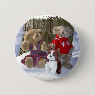 Macaron Rond 5 Cm Nounours d'hiver avec le chiot