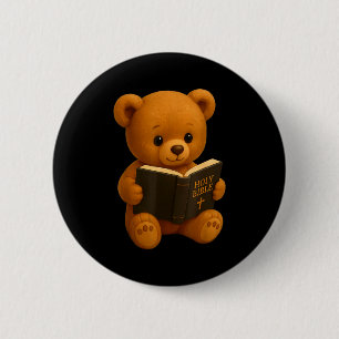 Macaron Rond 5 Cm Nounours ours en peluche lisant une Bible chrétien