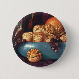 Macaron Rond 5 Cm Nourriture vintage, noix et fruits dans un bol ble