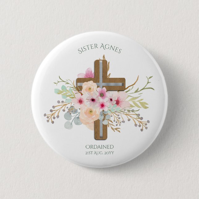 Macaron Rond 5 Cm NUN - Ordination ou anniversaire - Croix florale (Devant)