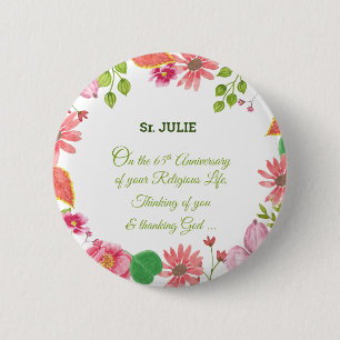 Macaron Rond 5 Cm Nun Religious 65e Anniversaire Fleurs aquarelles